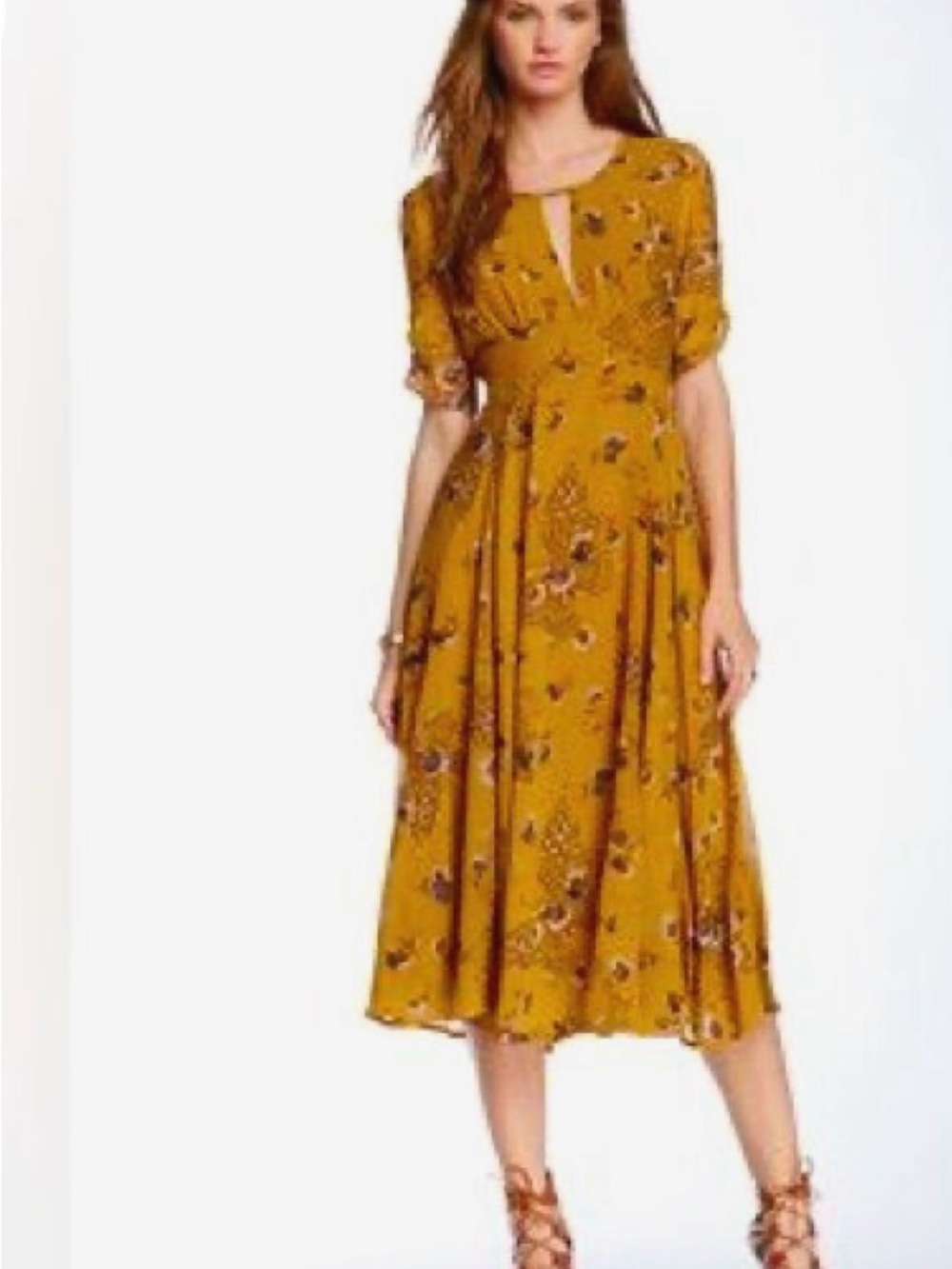 Free People Butterfly Babe Midi Dress Mustard Yellow Brown Floral S 2 Bohemian